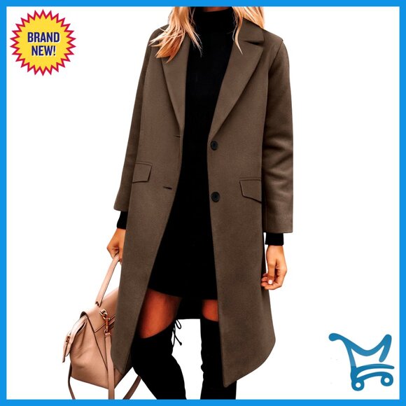 Women's Peacoat Notched Lapel Single-Breasted Trench Coat Loose Fit Classic